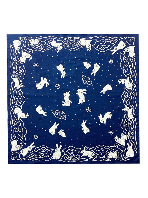 indigo scarf square blue with rabbits