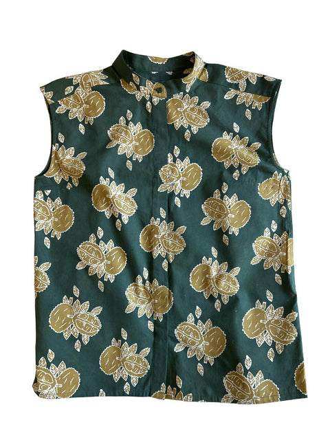 product image of a sleeveless shirt with button with durian motif with soft natural colors