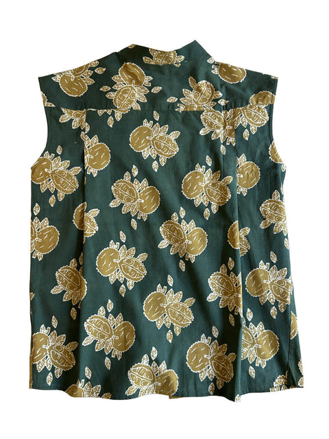 product image from back of a sleeveless shirt with button with durian motif with soft natural colors