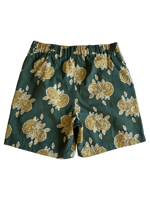 picture of a short pants from the back with durian motif and elastic waistband