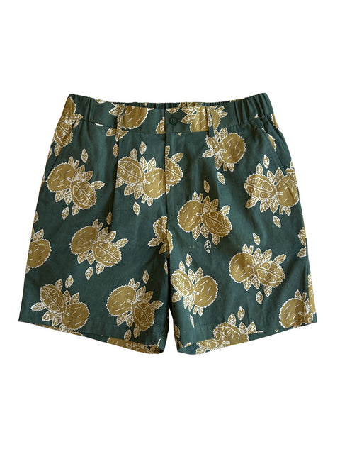 picture of a short pants with durian motif front opening with button and elastic waistband at back