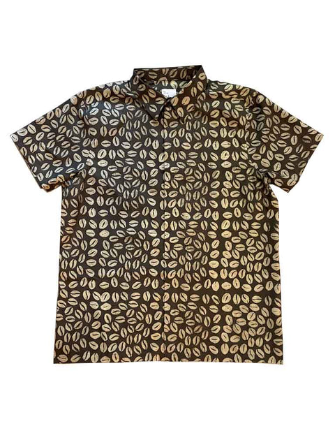 A beige-colored short sleeve shirt with a graphic print of a coffee beans, button front shirt with invisible placket